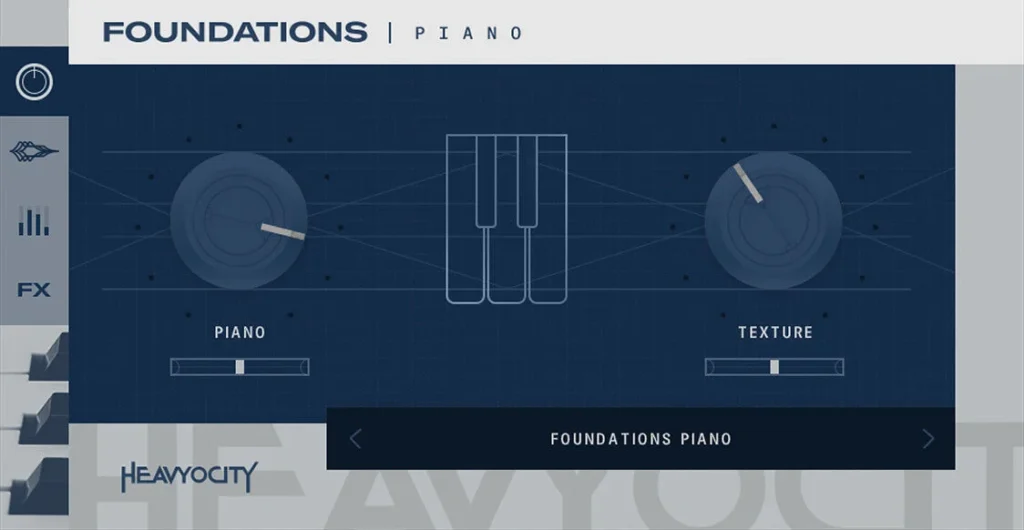 Foundations Piano by Heavyocity with its Piano and Texture knobs