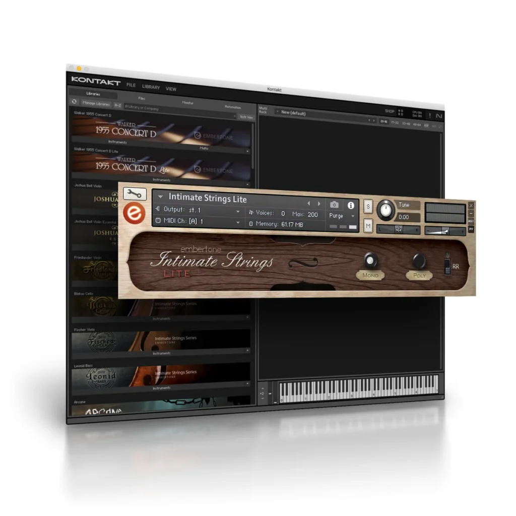 Intimate Strings Lite by Embertone shown in Kontakt, a free legato string quartet