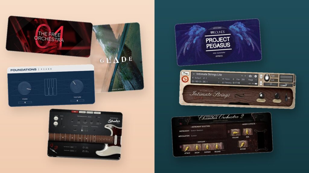 Collage of free Kontakt libraries: The Free Orchestra, Foundations Piano, Shreddage 3 Stratus and Glade for Kontakt Player beside Project Pegasus, Intimate Strings Lite and VSCO 2 for full Kontakt