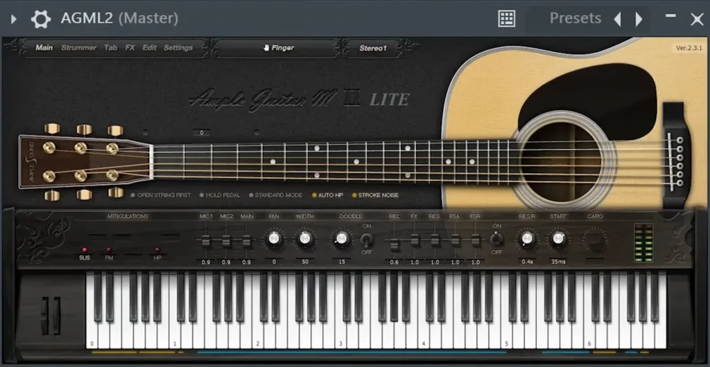 Ample Guitar M Lite free acoustic guitar plugin with its fretboard and keyboard in FL Studio