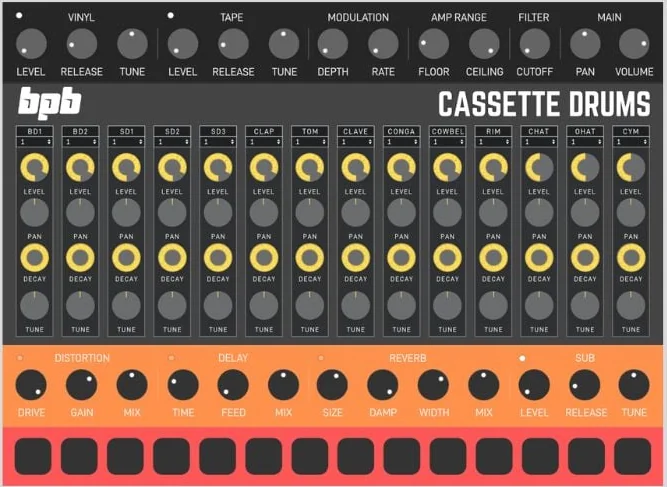 BPB Cassette Drums free drum machine plugin with 14 drum channels and tape, distortion, delay and reverb controls