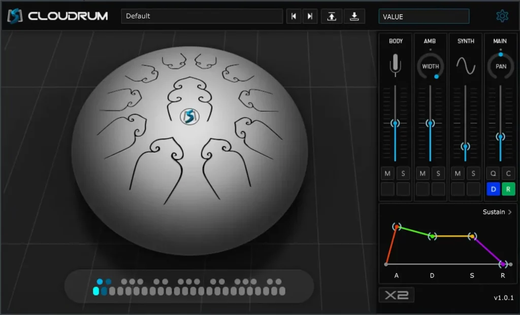 Ample Sound Cloudrum free steel tongue drum plugin with its mixer and envelope