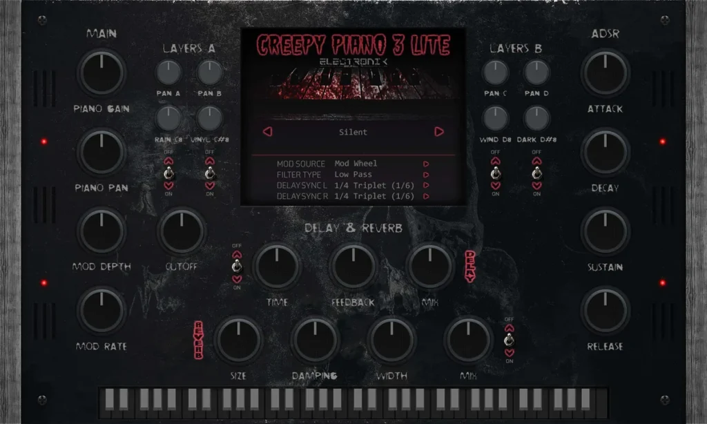 Creepy Piano 3 Lite free piano plugin by Electronik Sound Lab with its layer, ADSR, delay and reverb controls