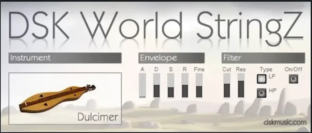 DSK World StringZ free plugin with the Dulcimer instrument, envelope and filter controls
