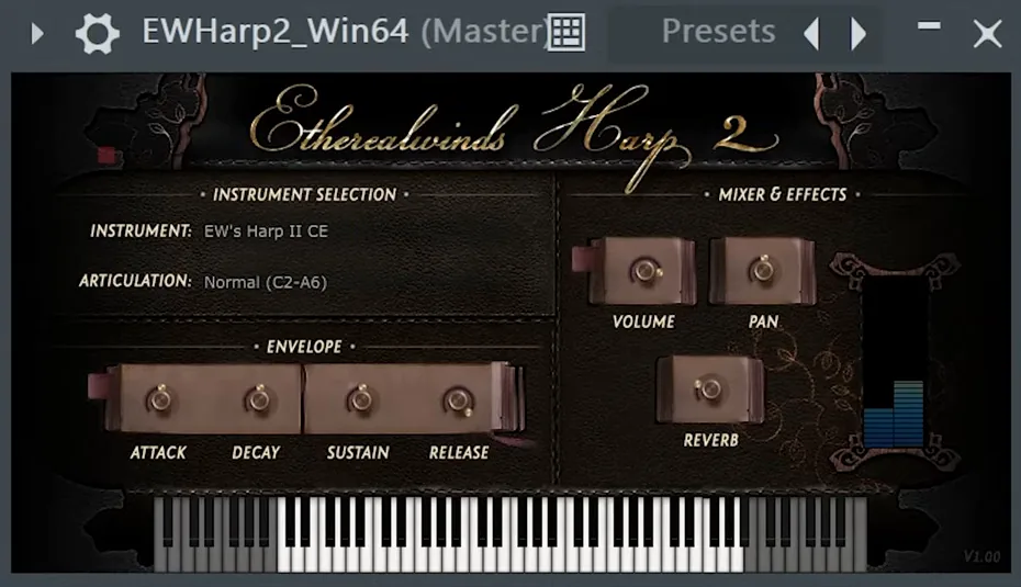 Etherealwinds Harp 2 Community Edition plugin in FL Studio with envelope, volume, pan and reverb knobs