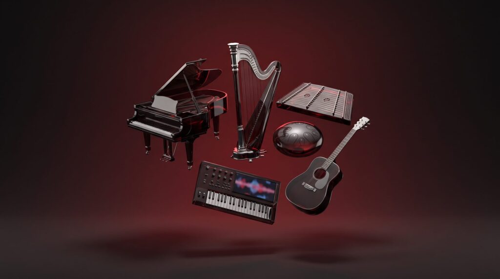 Six miniature instruments made of smoked black glass floating on a dark red background: a grand piano, a harp, a dulcimer, a steel tongue drum, an acoustic guitar and a synth