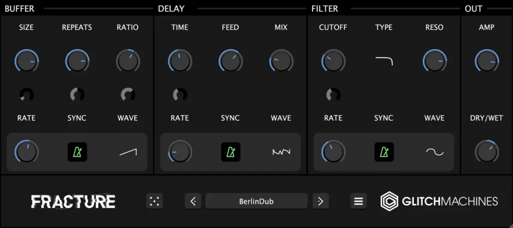 Glitchmachines Fracture free glitch plugin with its buffer, delay and filter sections