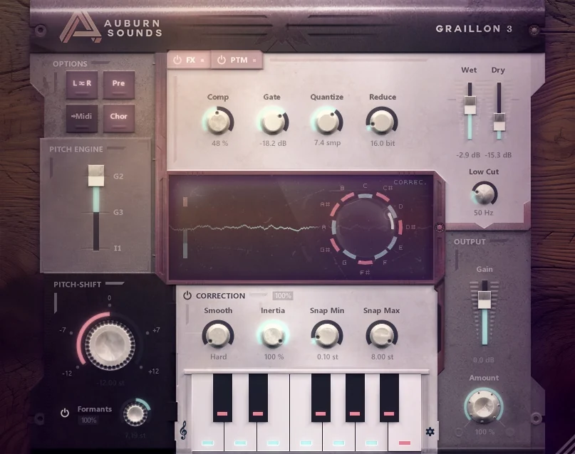 Graillon 3 free pitch correction plugin by Auburn Sounds with its pitch-shift, formant and correction controls