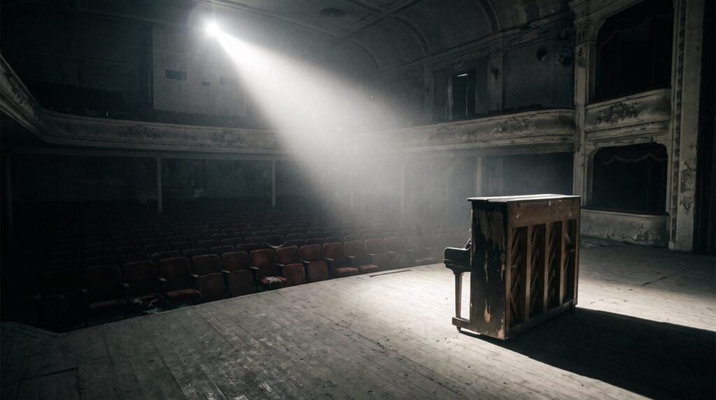 A lone upright piano on a dark, empty theater stage under one spotlight, the mood of a dark trap melody