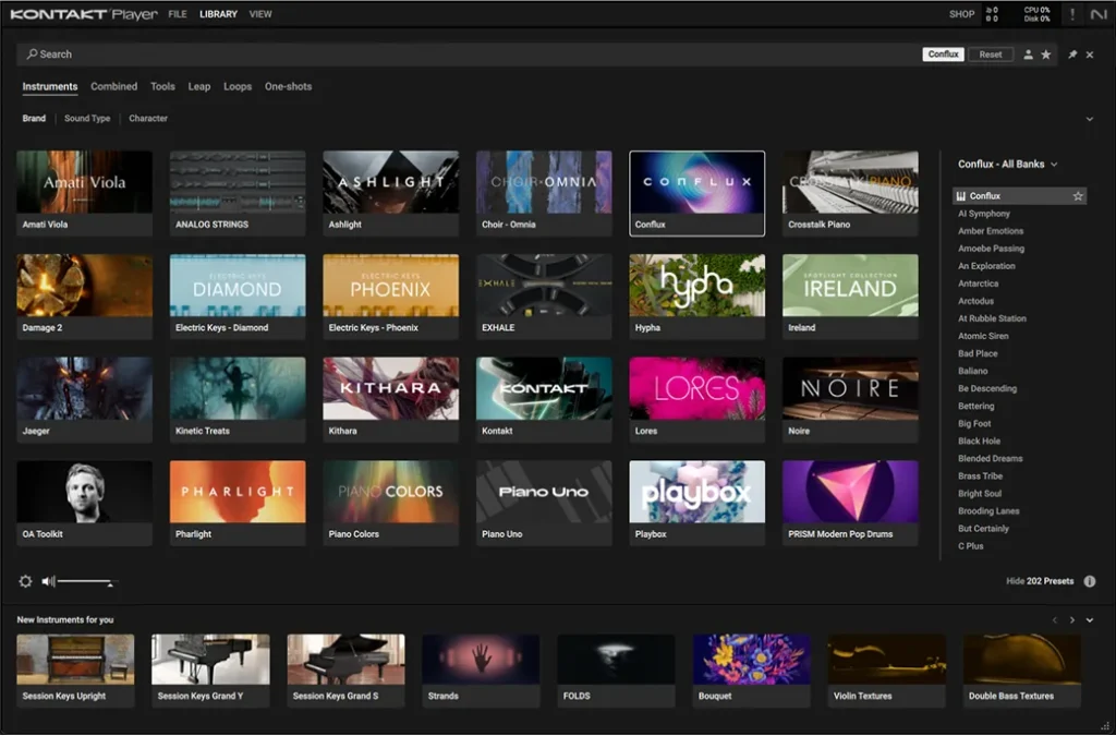 Native Instruments Kontakt Player library browser, the free sample player that comes with Komplete Start