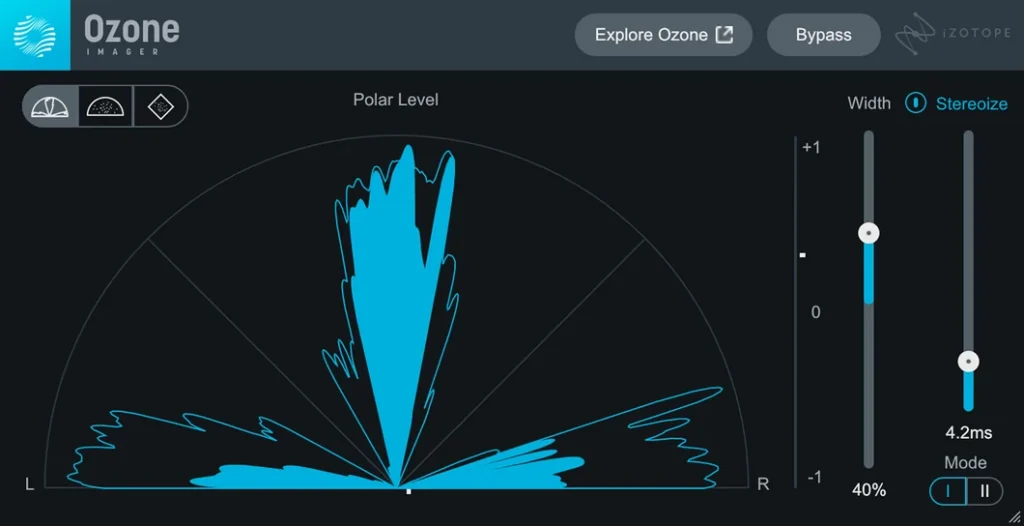 iZotope Ozone Imager free stereo imaging plugin with its polar meter, Width slider and Stereoize control