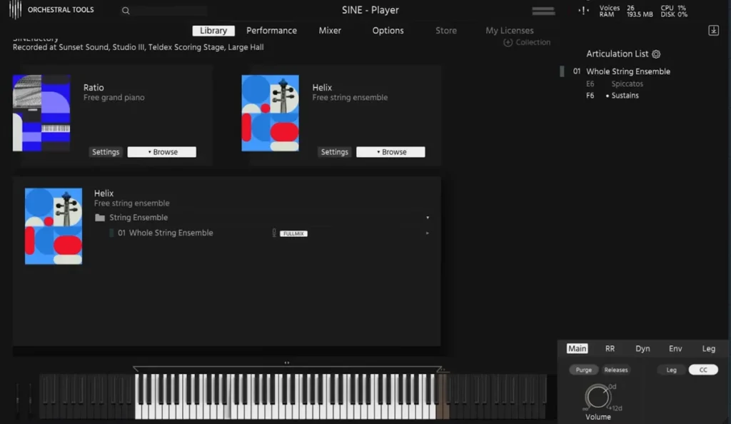 Orchestral Tools SINE Player library with the free Ratio piano and Helix string ensemble from SINEfactory