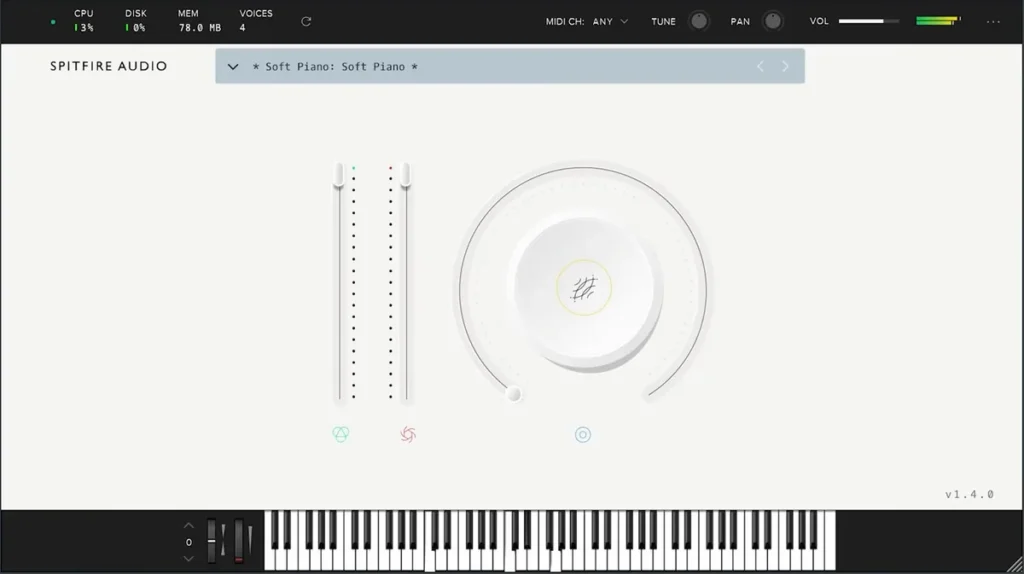 Spitfire LABS Soft Piano plugin in FL Studio, with its two faders and big dynamics knob