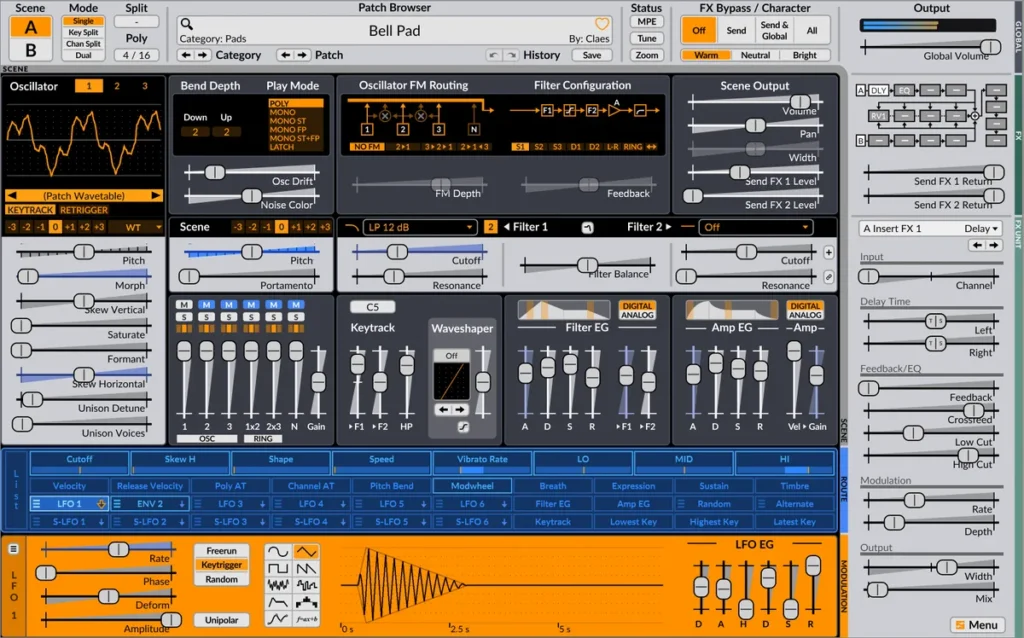 Surge XT free open-source synth showing its oscillator, filter and modulation sections