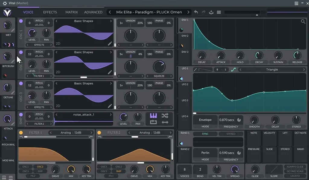 Vital free synth in FL Studio with a pluck preset loaded, showing its oscillators, filters and LFO