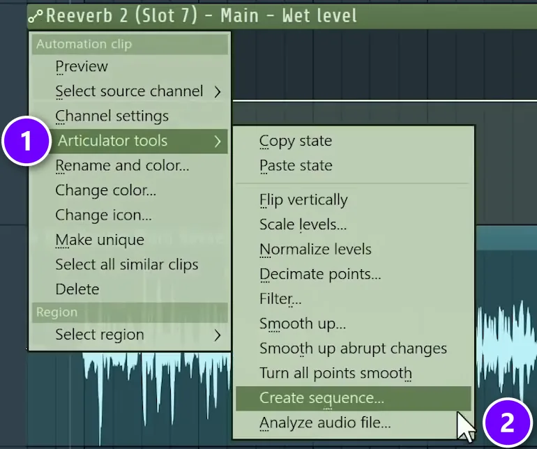 FL Studio automation clip menu with Articulator tools (1) and Analyze audio file (2) numbered