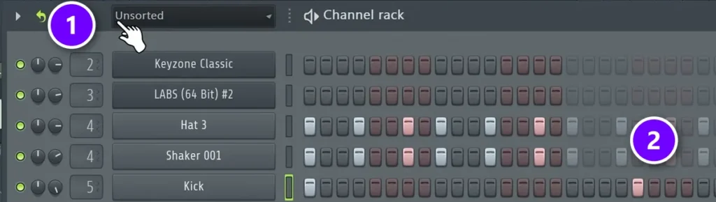 FL Studio Channel Rack with the Loop icon on (1) and short channels repeating as ghost steps (2)