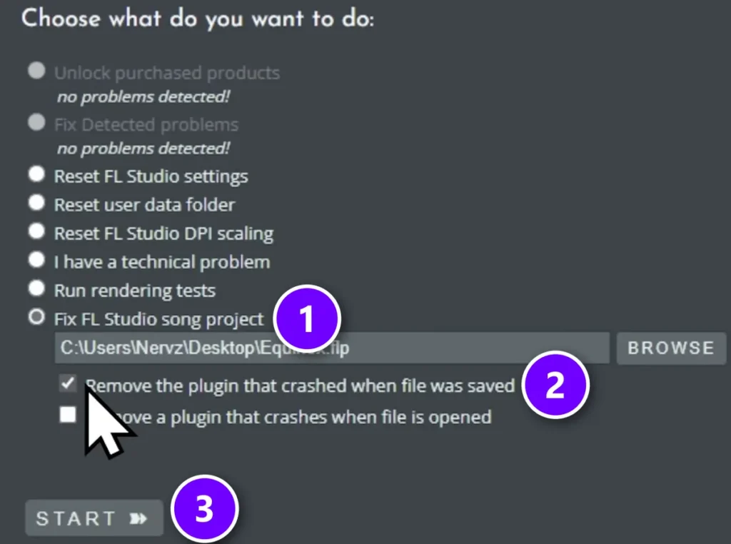 FL Studio Diagnostic Report with Fix FL Studio song project (1), remove crashed plugin (2) and Start (3)