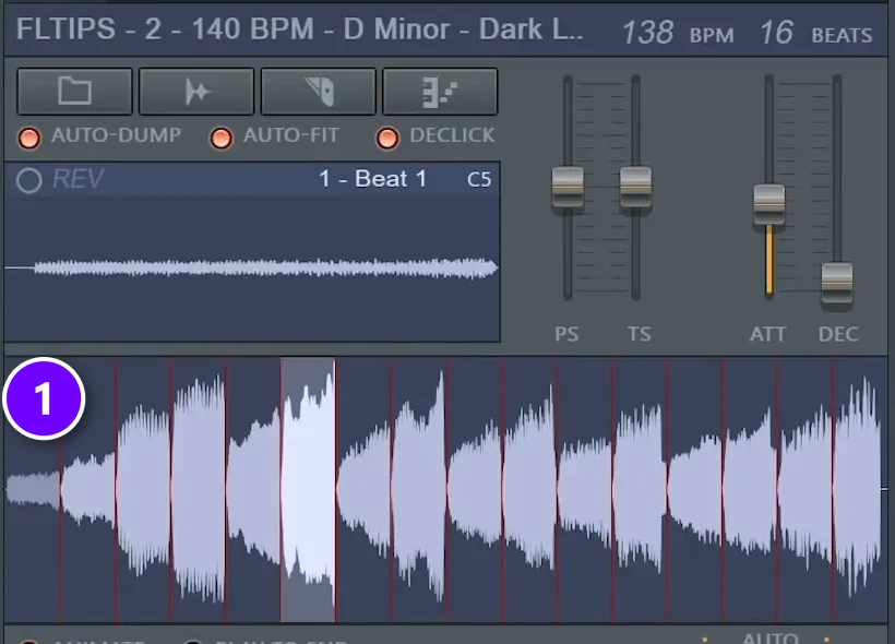 Fruity Slicer with a reversed melody loop cut into half-beat slices (1) and Auto Dump on