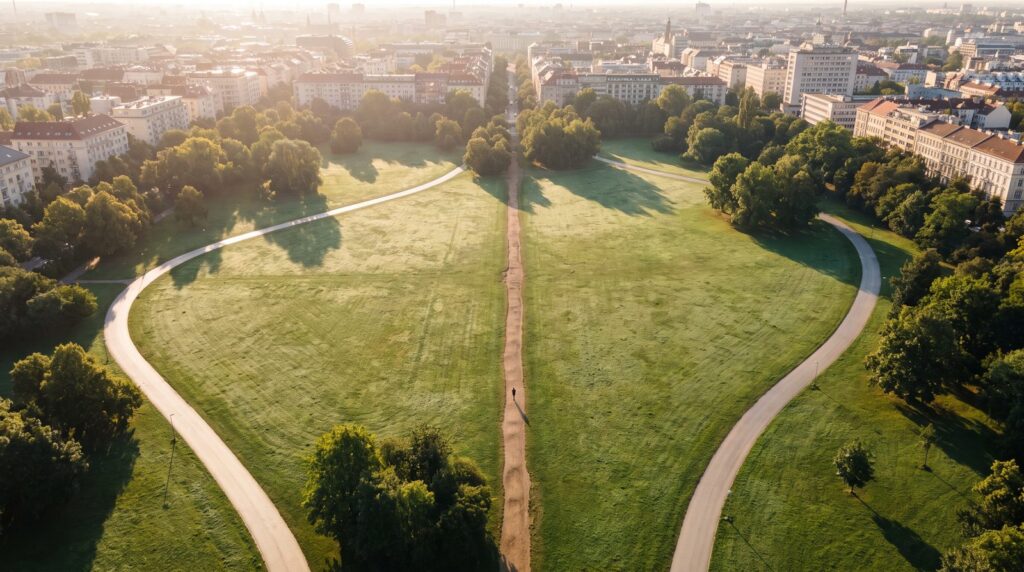 Aerial view of a park where a worn dirt shortcut runs straight across the lawn while the paved paths go the long way around