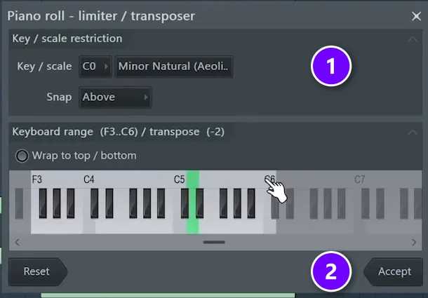 FL Studio Piano roll limiter / transposer with Key / scale set to a minor scale (1) and Accept (2)