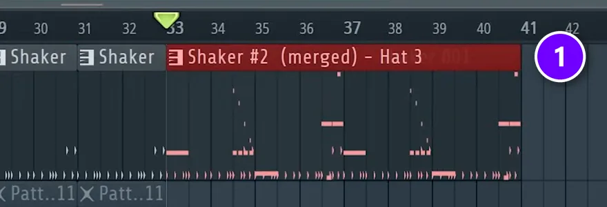 FL Studio Playlist with shaker pattern clips merged into one new pattern clip (1)