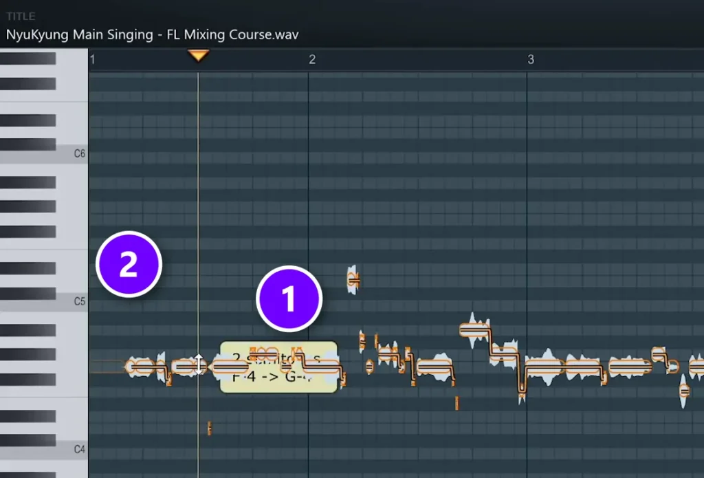 Newtone in FL Studio with a vocal's notes (1) and the piano keys used to flatten their pitch (2)