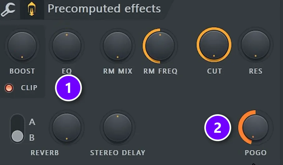 FL Studio Sampler Precomputed effects with CLIP turned on under BOOST (1) and POGO turned left (2)