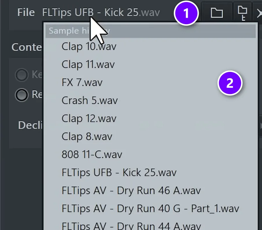 FL Studio Sampler file name right-clicked (1) showing the Sample history list (2)