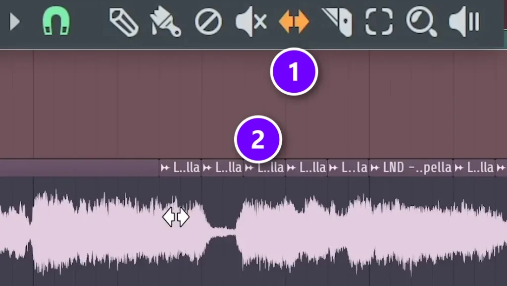 FL Studio Playlist with the Slip tool selected (1) over an acapella chopped into short clips (2)