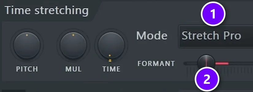 FL Studio Sampler Time stretching set to Stretch Pro (1) with the FORMANT control (2) numbered