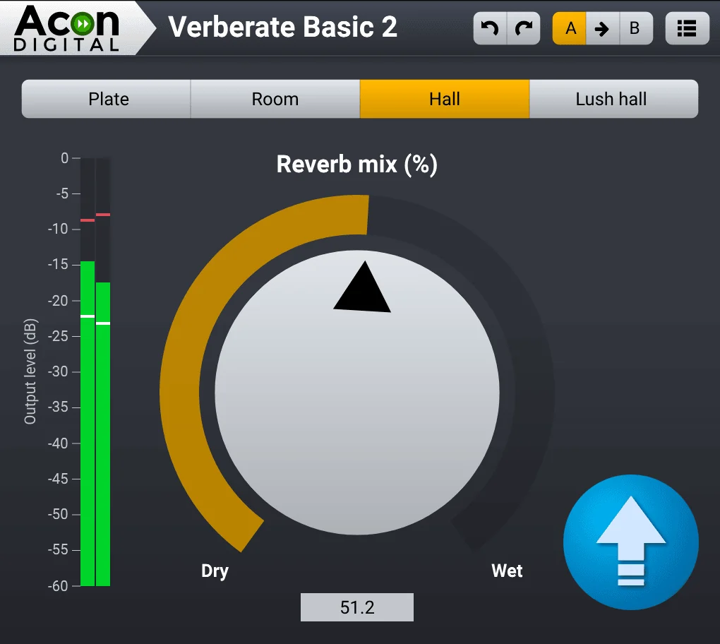 Acon Digital Verberate Basic 2 free reverb plugin with its Plate, Room, Hall and Lush Hall buttons and reverb mix knob