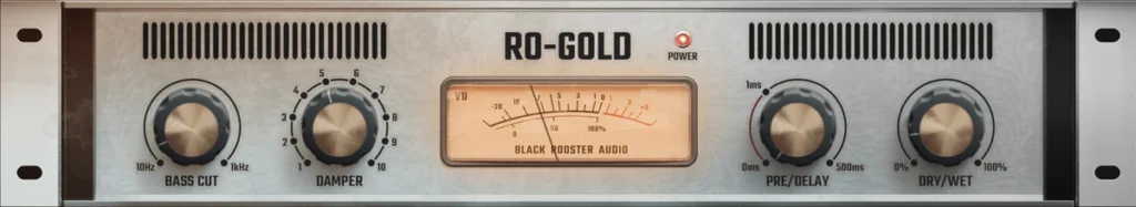 Black Rooster Audio RO-GOLD free plate reverb plugin with Bass Cut, Damper, Pre/Delay and Dry/Wet knobs and a VU meter