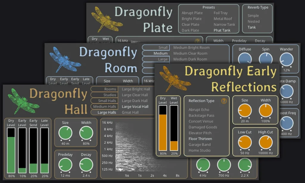 Dragonfly Reverb free plugins: Hall, Room, Plate and Early Reflections windows