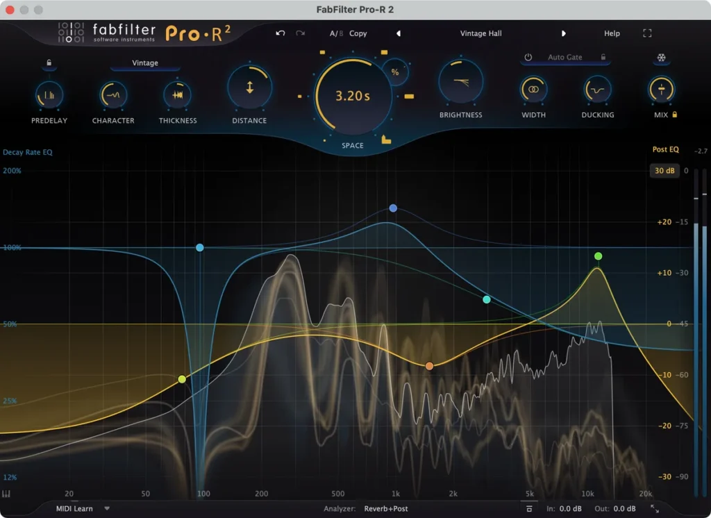 FabFilter Pro-R 2 reverb plugin with its Space knob and Decay Rate EQ over a spectrum display