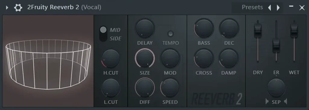 FL Studio Fruity Reeverb 2 reverb plugin with size, decay, pre-delay, low cut and dry, ER and wet faders