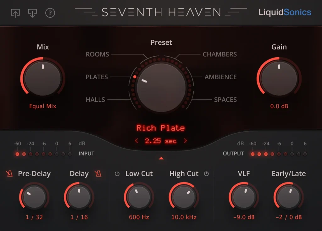 LiquidSonics Seventh Heaven reverb plugin with the Rich Plate preset and pre-delay, low cut and high cut knobs