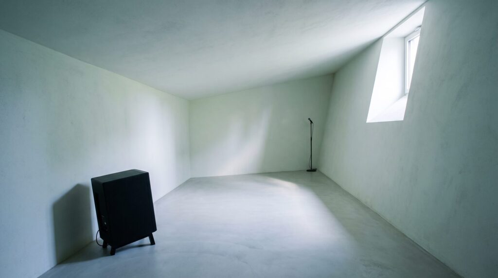 Empty echo chamber with bare, angled walls and a speaker facing a microphone, the kind of room studios once used to make reverb