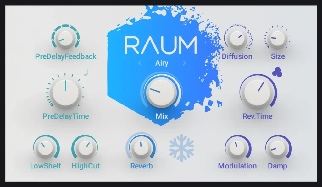 Native Instruments Raum free reverb plugin in Airy mode with its Freeze button