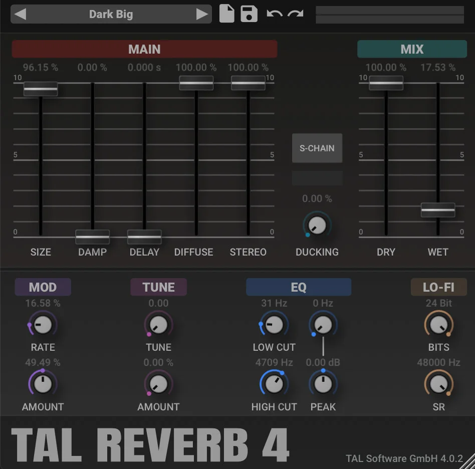 TAL-Reverb-4 free vintage plate reverb plugin with its main, modulation, EQ and lo-fi sections