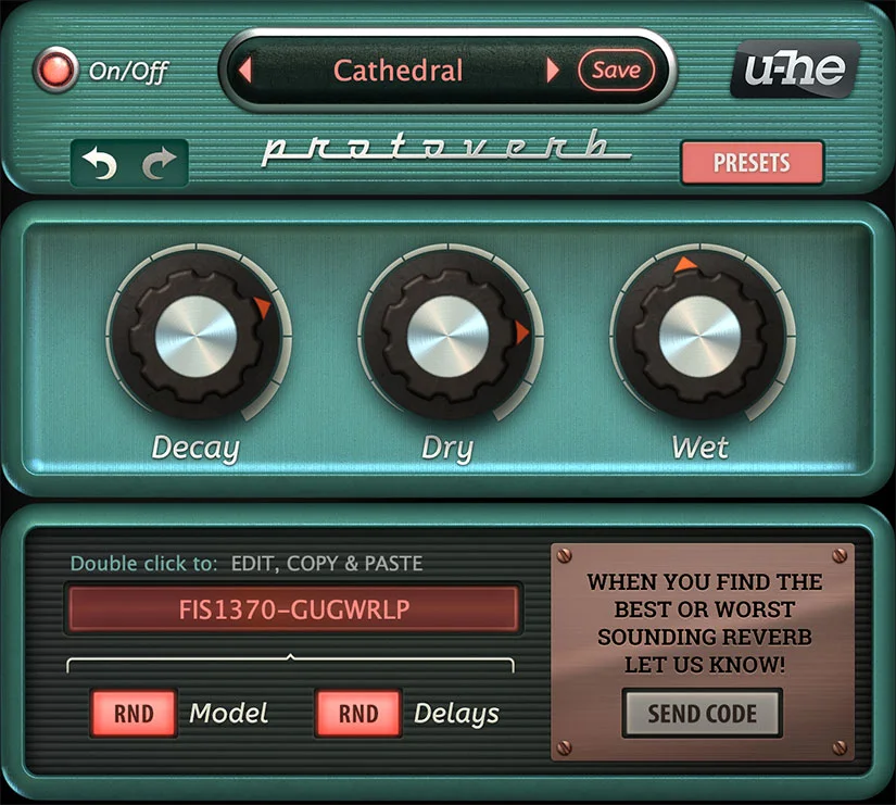 u-he Protoverb free reverb plugin with Decay, Dry and Wet knobs and its room model code