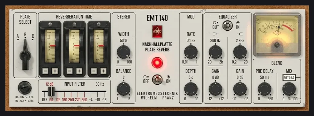 Universal Audio EMT 140 plate reverb plugin with plate select, decay time and EQ controls