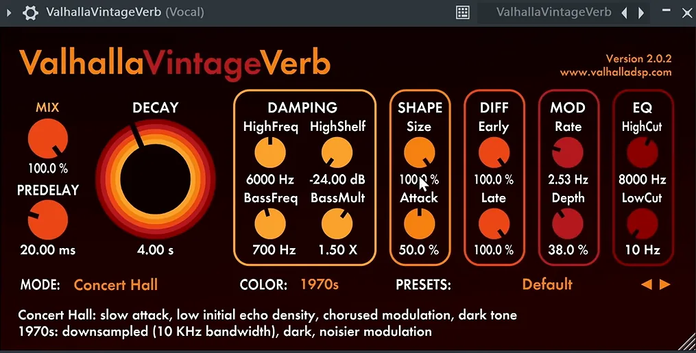 Valhalla VintageVerb reverb plugin in Concert Hall mode with 1970s color, open in FL Studio