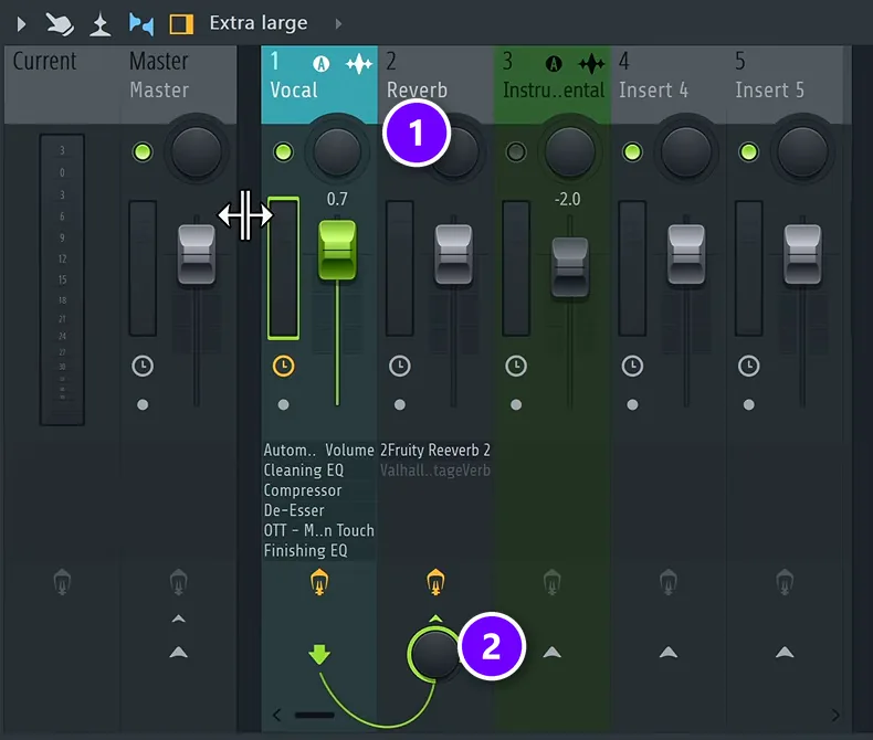 FL Studio Mixer with the Reverb track (1) and the send knob from the Vocal track to it (2) numbered