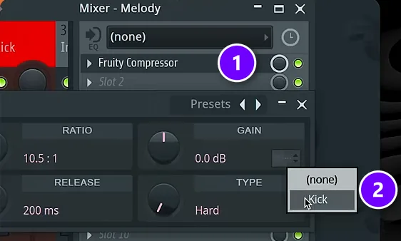 FL Studio Fruity Compressor in the mixer (1) with its sidechain input list showing Kick (2) numbered