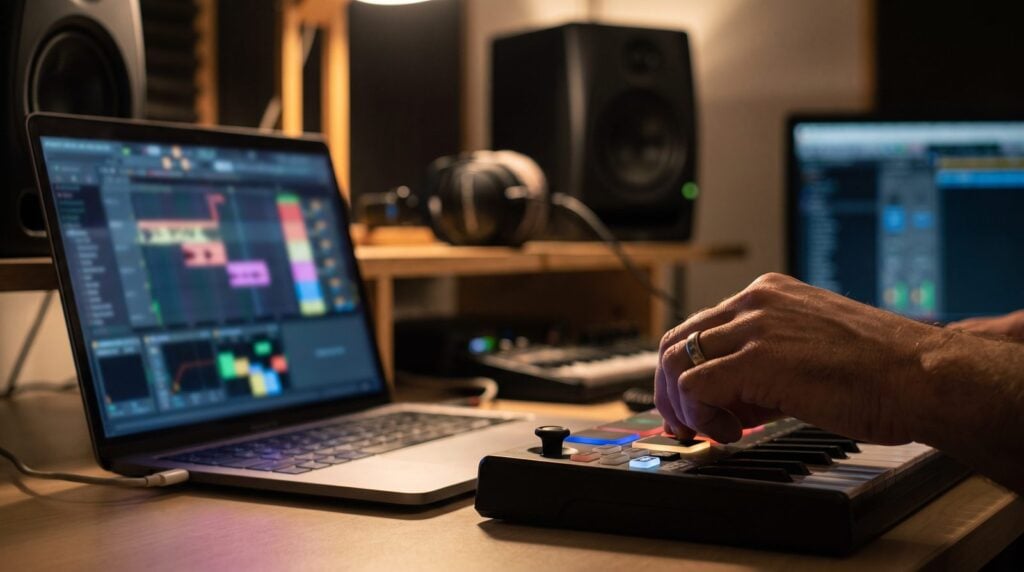 Music producer pressing pads on a small MIDI controller beside a laptop with a music project open, studio monitors and headphones behind