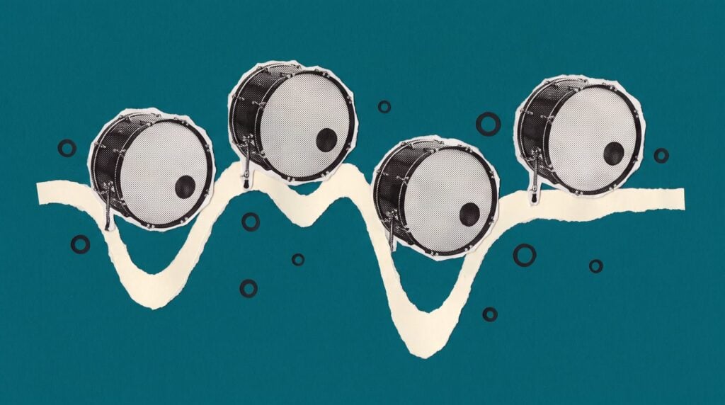 Paper collage of four kick drums riding a paper sound wave that dips and rises between hits, like sidechain ducking
