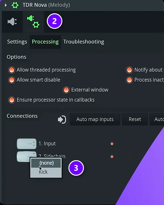FL Studio plugin settings for a third-party EQ with the detailed settings icon (2) and the sidechain input list set to Kick (3) numbered