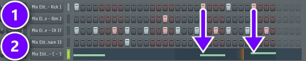 FL Studio Channel Rack with the kick channel (1) and the 808 channel (2), arrows showing 808 notes starting where the kick hits