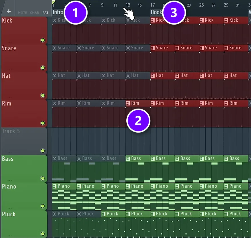 FL Studio Playlist with the Intro marker (1), a rim teased before the hook (2) and the Hook marker (3) where every drum comes in